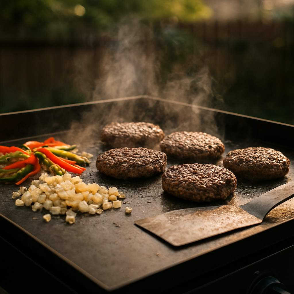 A flat-top gas griddle cooking smash burgers, onions, and peppers