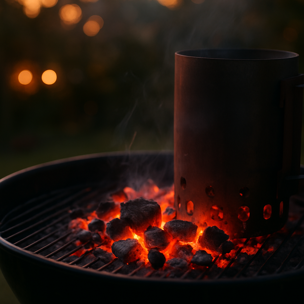 A charcoal grill with glowing orange embers and a chimney starter at dusk