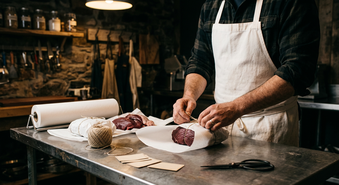 A butcher's hands wrapping cuts of venison in white butcher paper in a processing room
