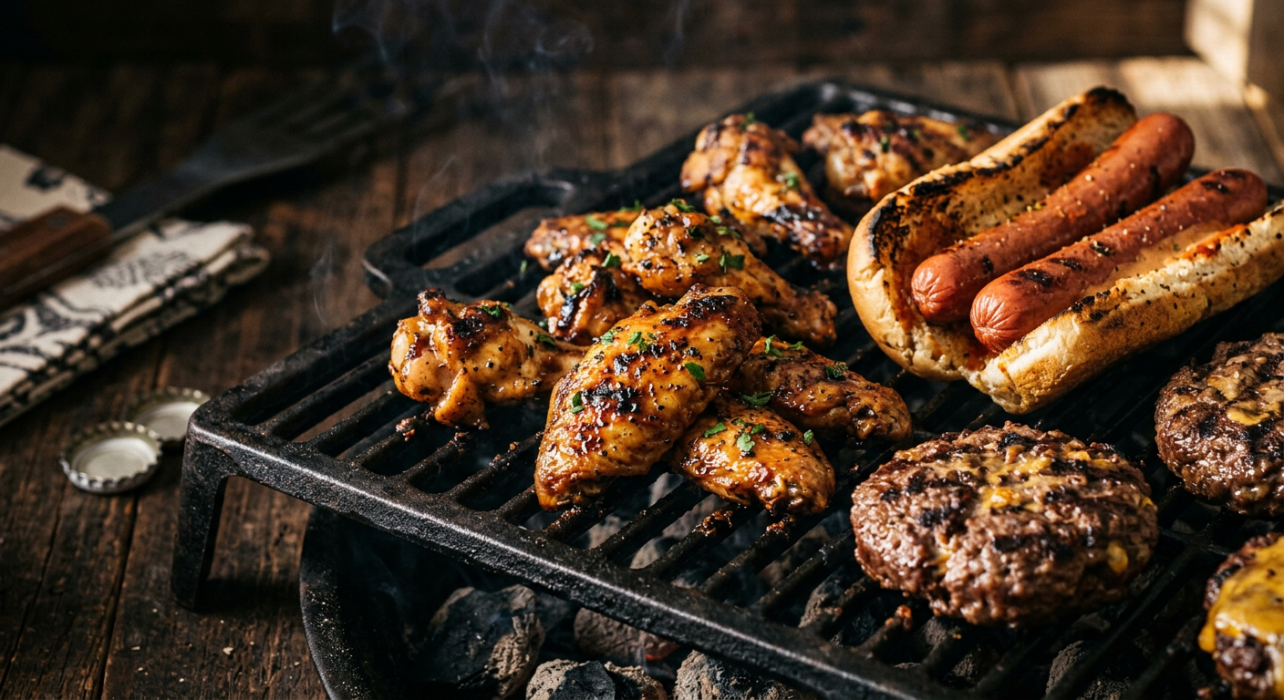 Grilled chicken wings, all-beef hot dogs, and burger patties on a charcoal grill grate