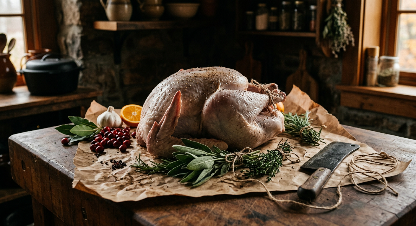 A raw whole turkey resting on butcher paper on a wooden butcher block counter
