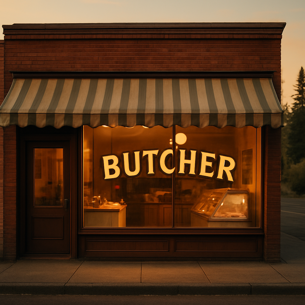 The exterior of a classic American butcher shop storefront at golden hour