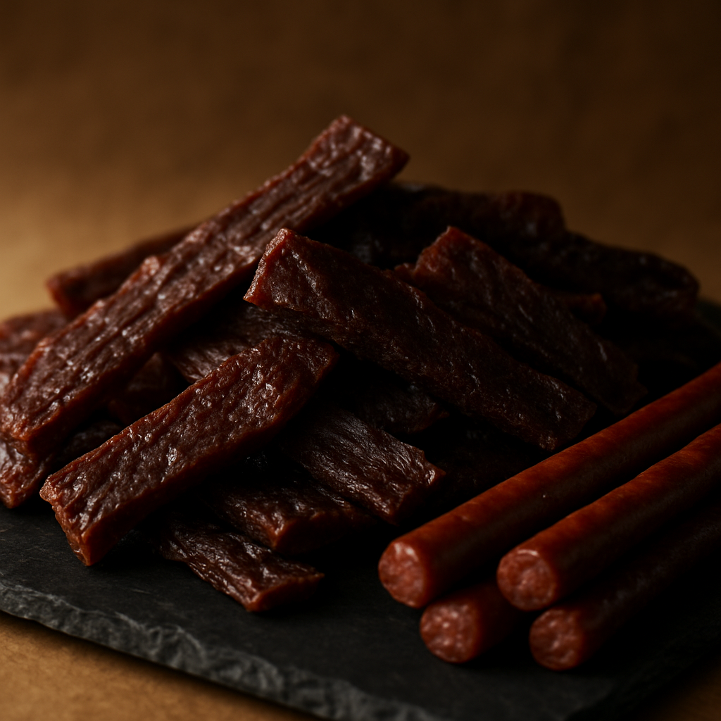 House-smoked beef jerky strips and snack sticks on dark slate