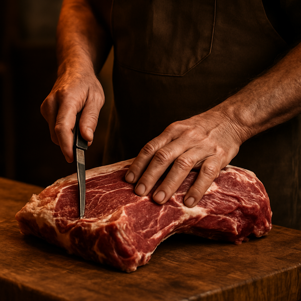 A butcher breaking down a primal cut of beef on a wooden block