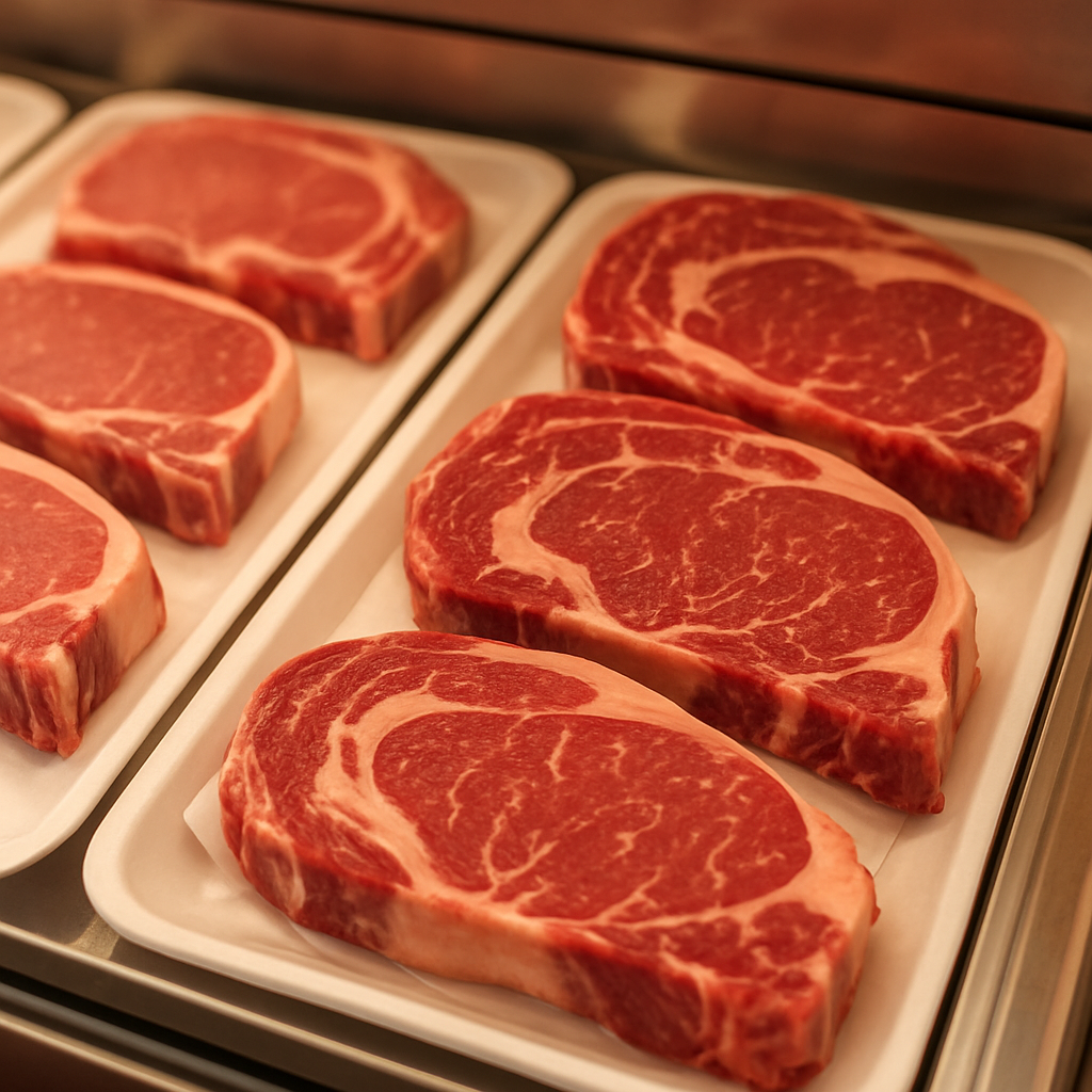 Fresh marbled ribeye steaks on white trays in the meat case