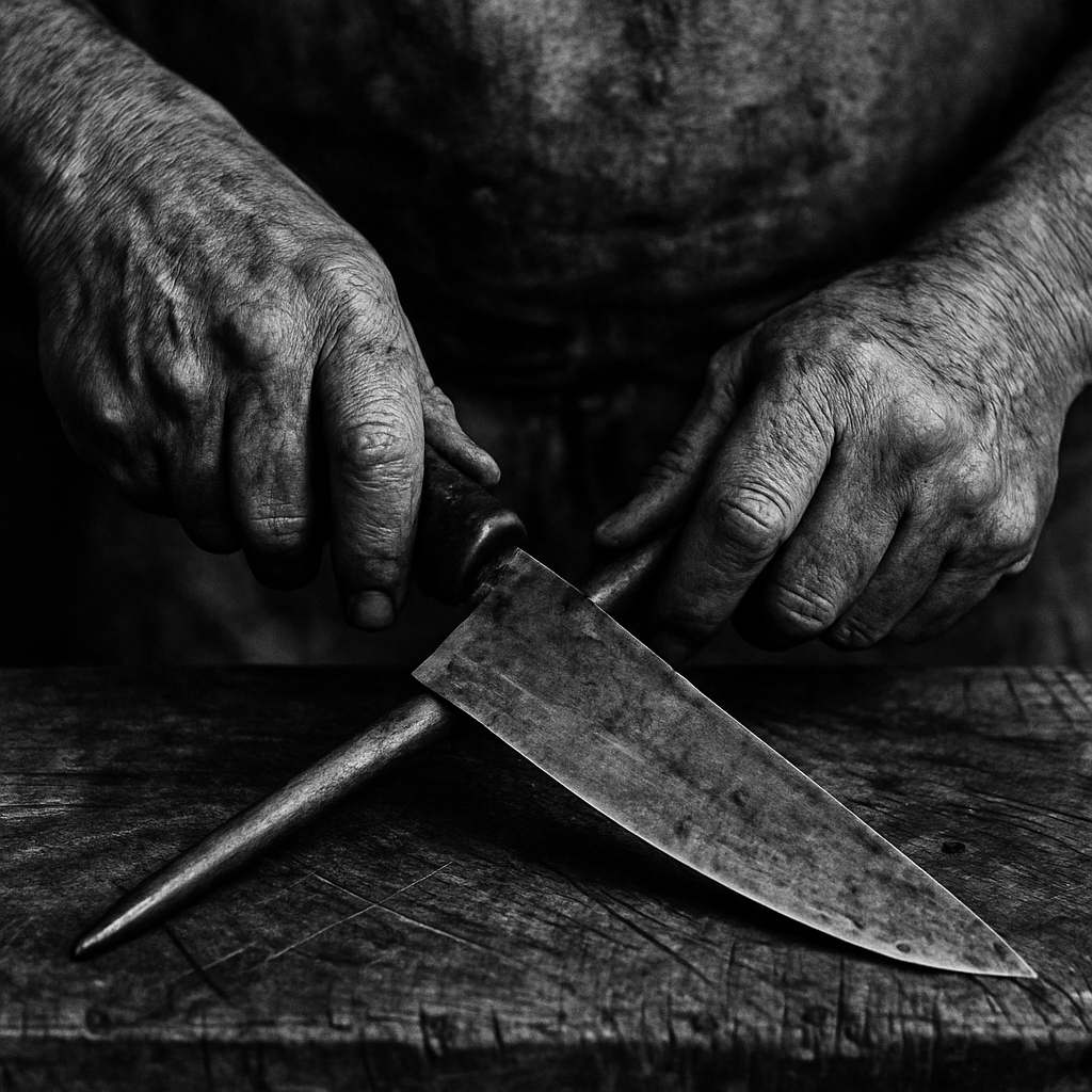 Weathered butcher hands at work on the block