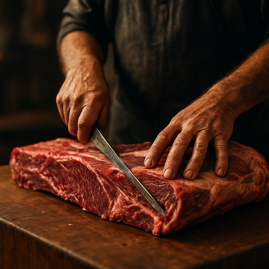 Butcher breaking down a primal cut