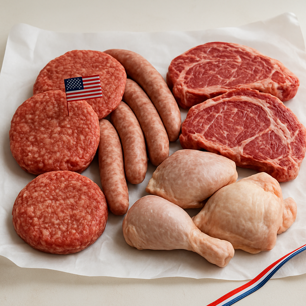 A spread of burgers, bratwurst, steaks, and chicken on white butcher paper with subtle patriotic accents