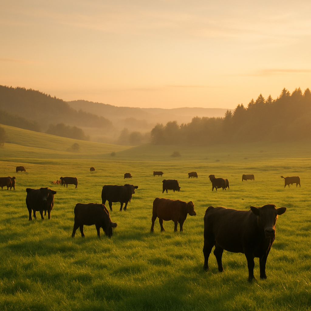 Grass-fed cattle grazing on a green Oregon pasture at golden hour