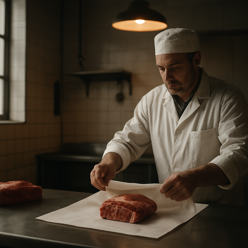 A butcher wrapping fresh cuts in white butcher paper