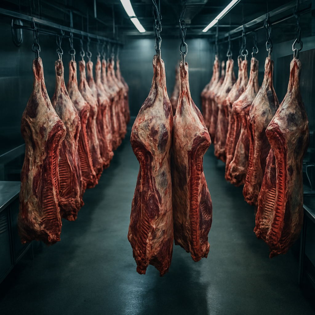 Commercial walk-in cooler with rows of hanging beef primals